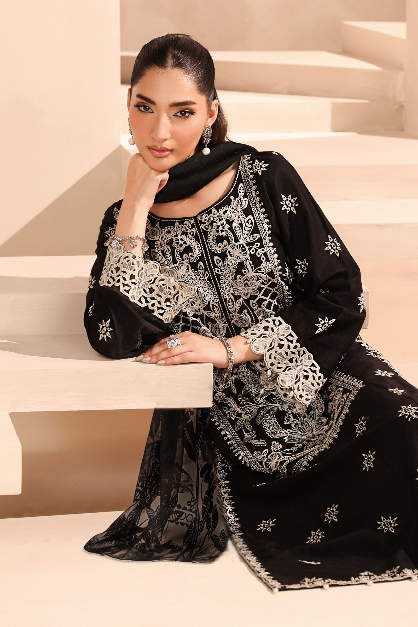 Maria B | Pre Fall Dresses | 3 Piece Embroidered Dobby Suit Black - by Libasekhas UK - Registered Vendor of : Maria B - 100% Original Designer Dress