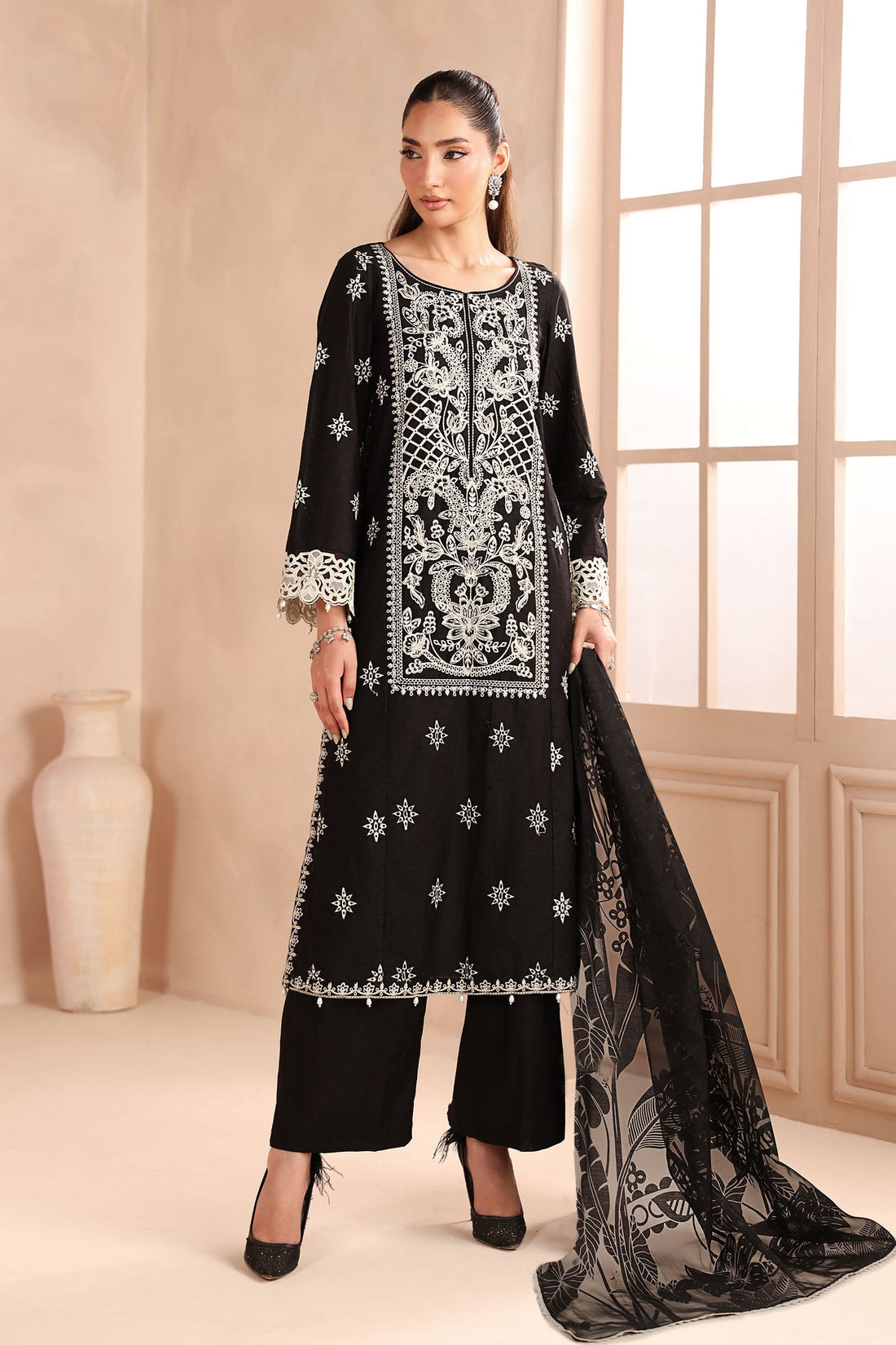 Maria B | Pre Fall Dresses | 3 Piece Embroidered Dobby Suit Black - by Libasekhas UK - Registered Vendor of : Maria B - 100% Original Designer Dress