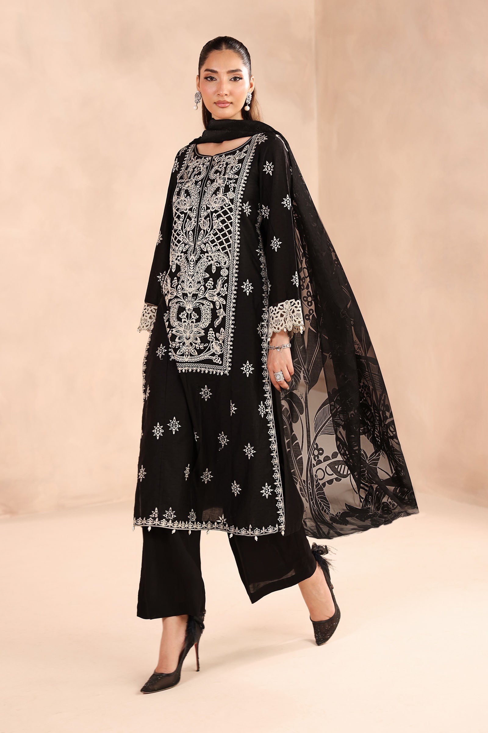 Maria B | Pre Fall Dresses | 3 Piece Embroidered Dobby Suit Black - by Libasekhas UK - Registered Vendor of : Maria B - 100% Original Designer Dress
