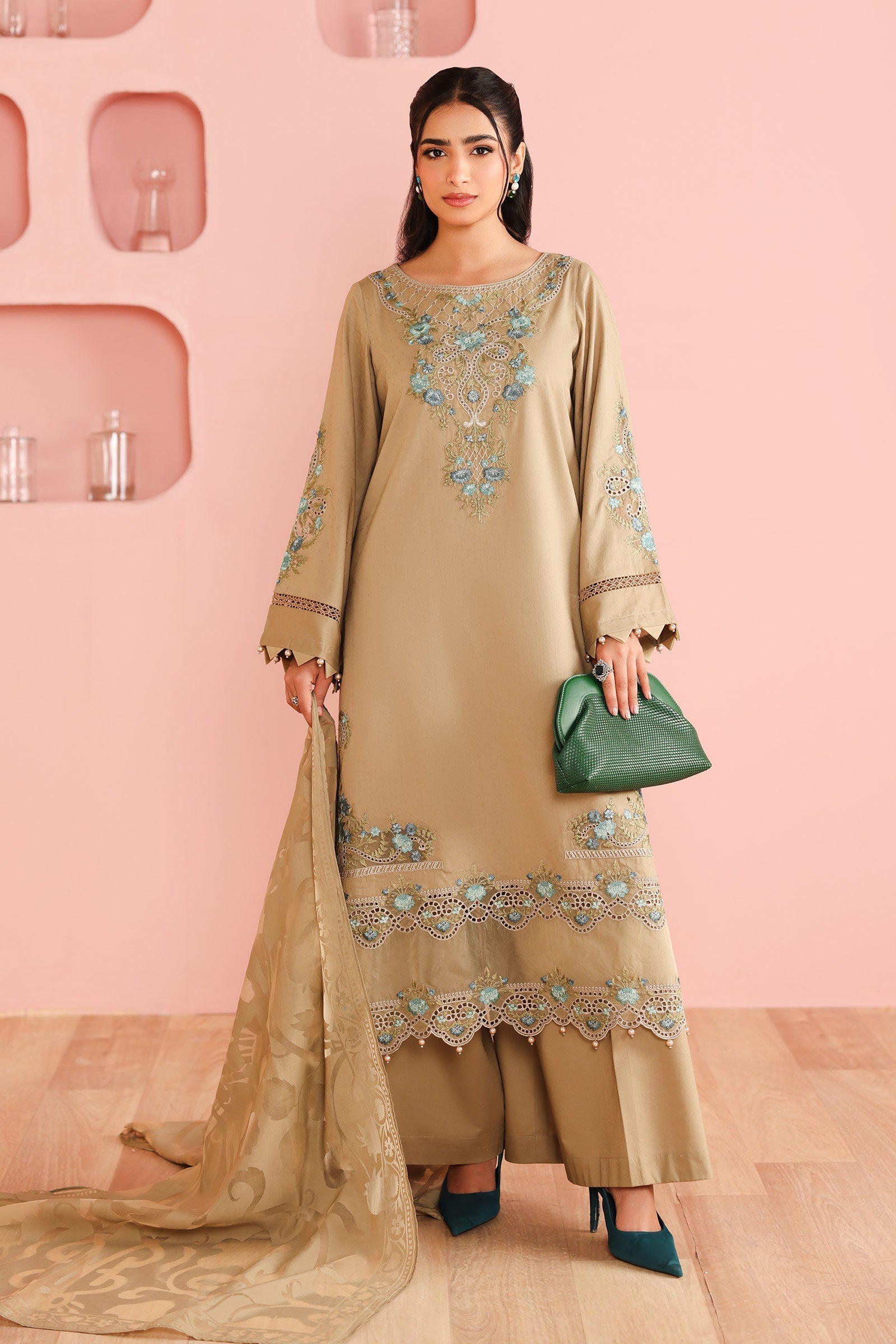 Maria B | Pre Fall Dresses | 3 Piece Embroidered Dobby Suit Coffee - by Libasekhas UK - Registered Vendor of : Maria B - 100% Original Designer Dress