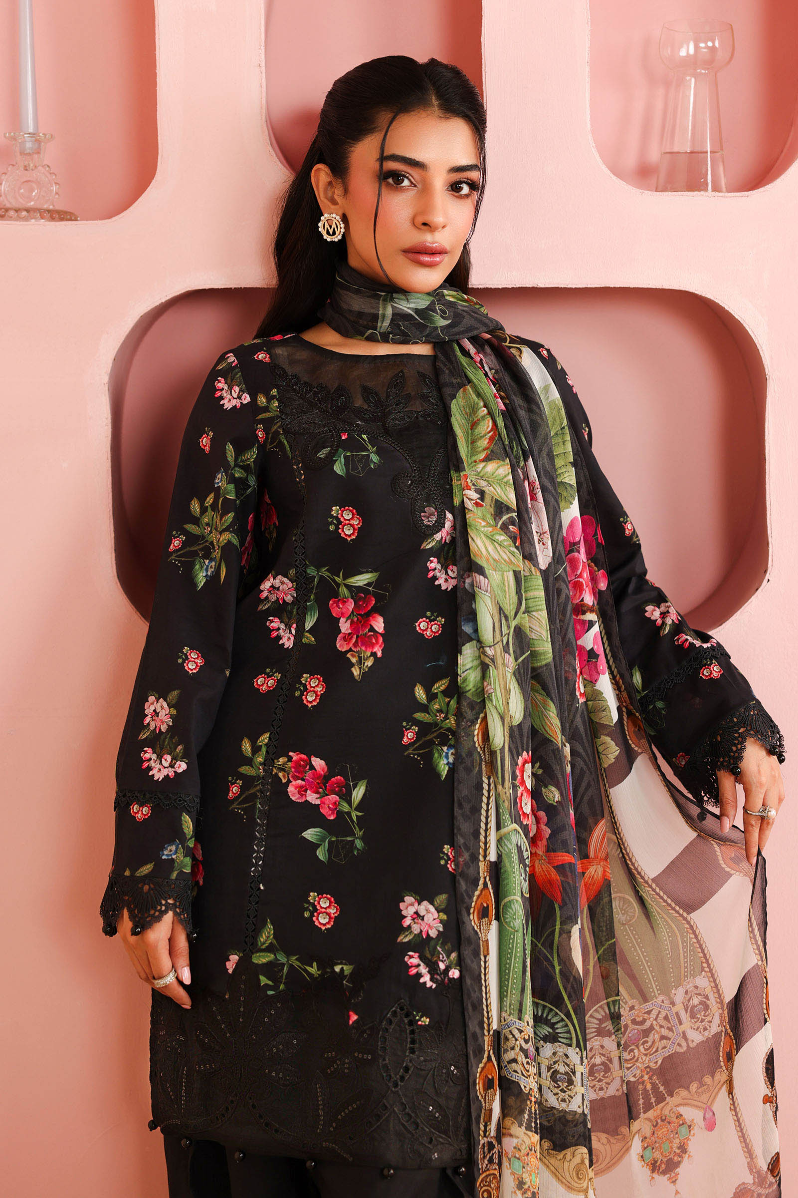 Maria B | Pre Fall Dresses | 3 Piece Embroidered Cotton Suit Black - by Libasekhas UK - Registered Vendor of : Maria B - 100% Original Designer Dress