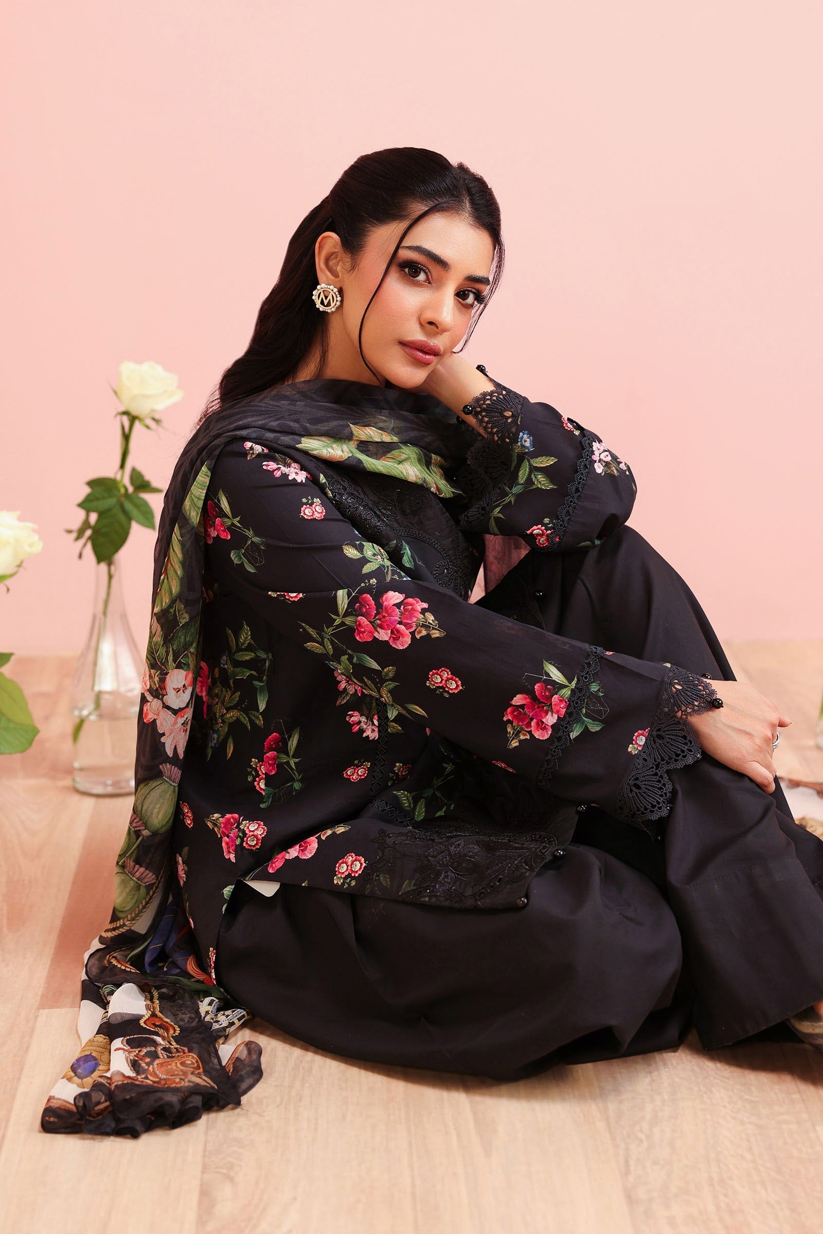 Maria B | Pre Fall Dresses | 3 Piece Embroidered Cotton Suit Black - by Libasekhas UK - Registered Vendor of : Maria B - 100% Original Designer Dress