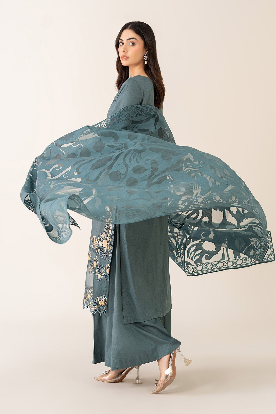 Maria B | Pre Fall Dresses | 3 Piece Embroidered Dobby Suit Teal - by Libasekhas UK - Registered Vendor of : Maria B - 100% Original Designer Dress