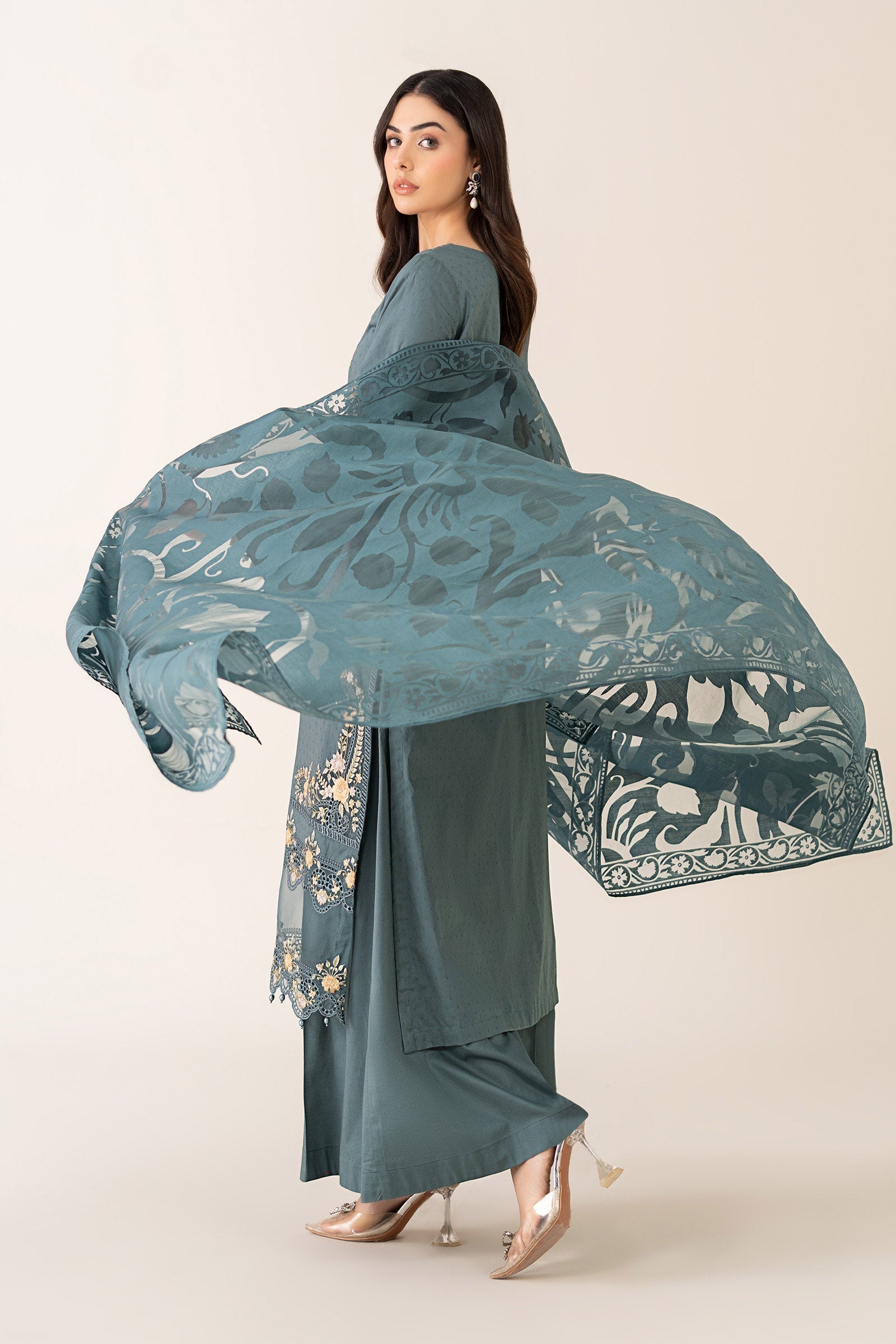 Maria B | Pre Fall Dresses | 3 Piece Embroidered Dobby Suit Teal - by Libasekhas UK - Registered Vendor of : Maria B - 100% Original Designer Dress
