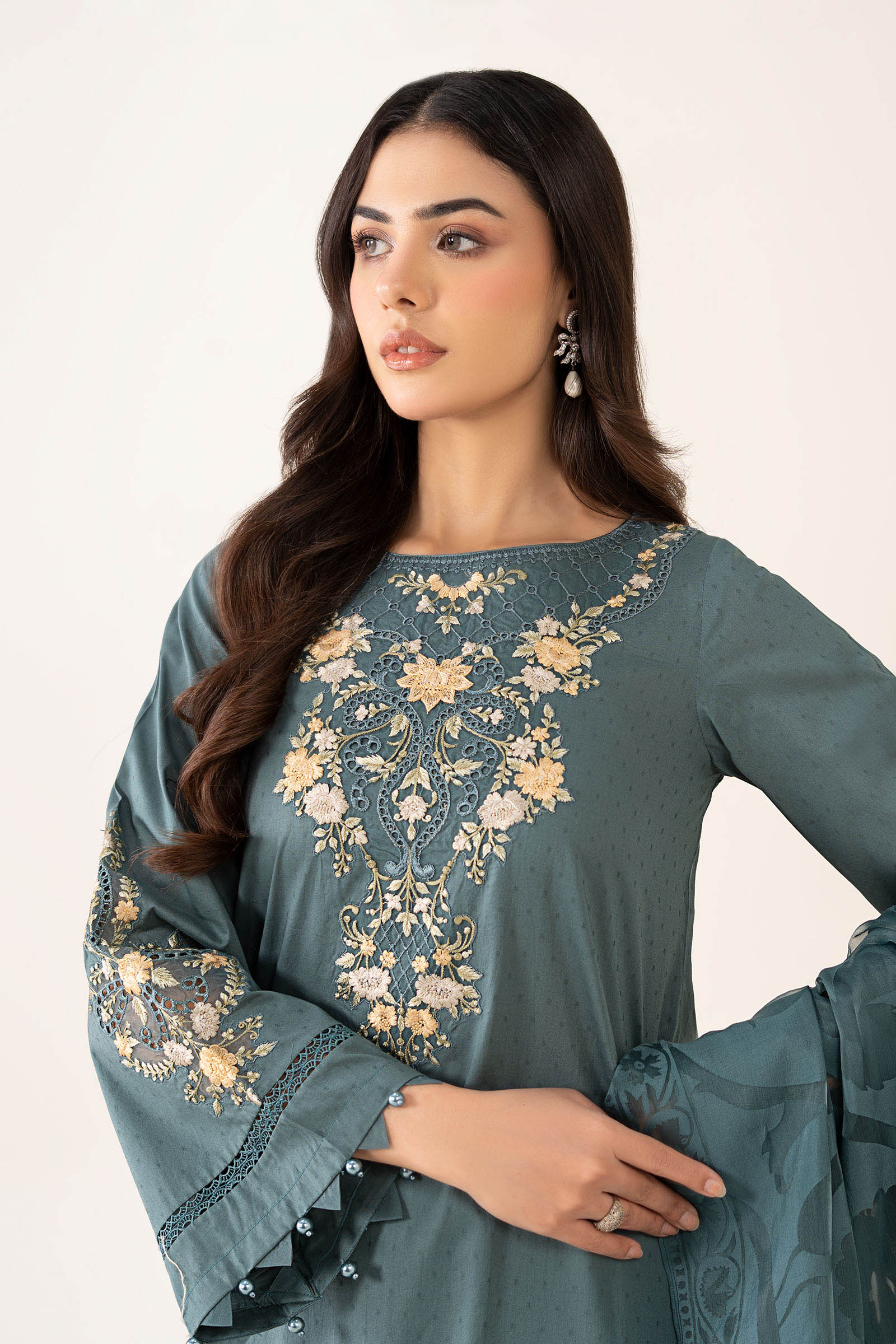 Maria B | Pre Fall Dresses | 3 Piece Embroidered Dobby Suit Teal - by Libasekhas UK - Registered Vendor of : Maria B - 100% Original Designer Dress