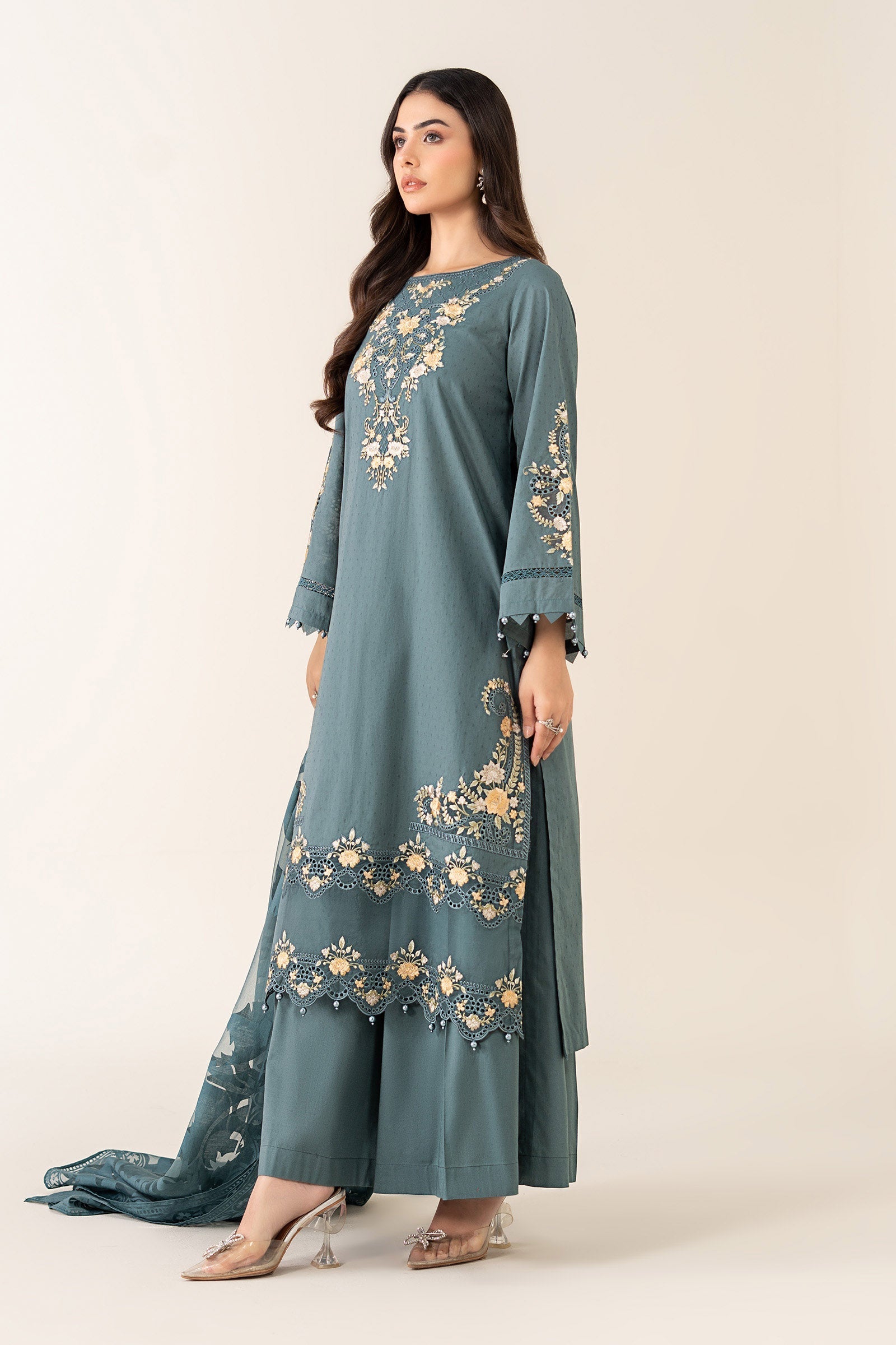 Maria B | Pre Fall Dresses | 3 Piece Embroidered Dobby Suit Teal - by Libasekhas UK - Registered Vendor of : Maria B - 100% Original Designer Dress