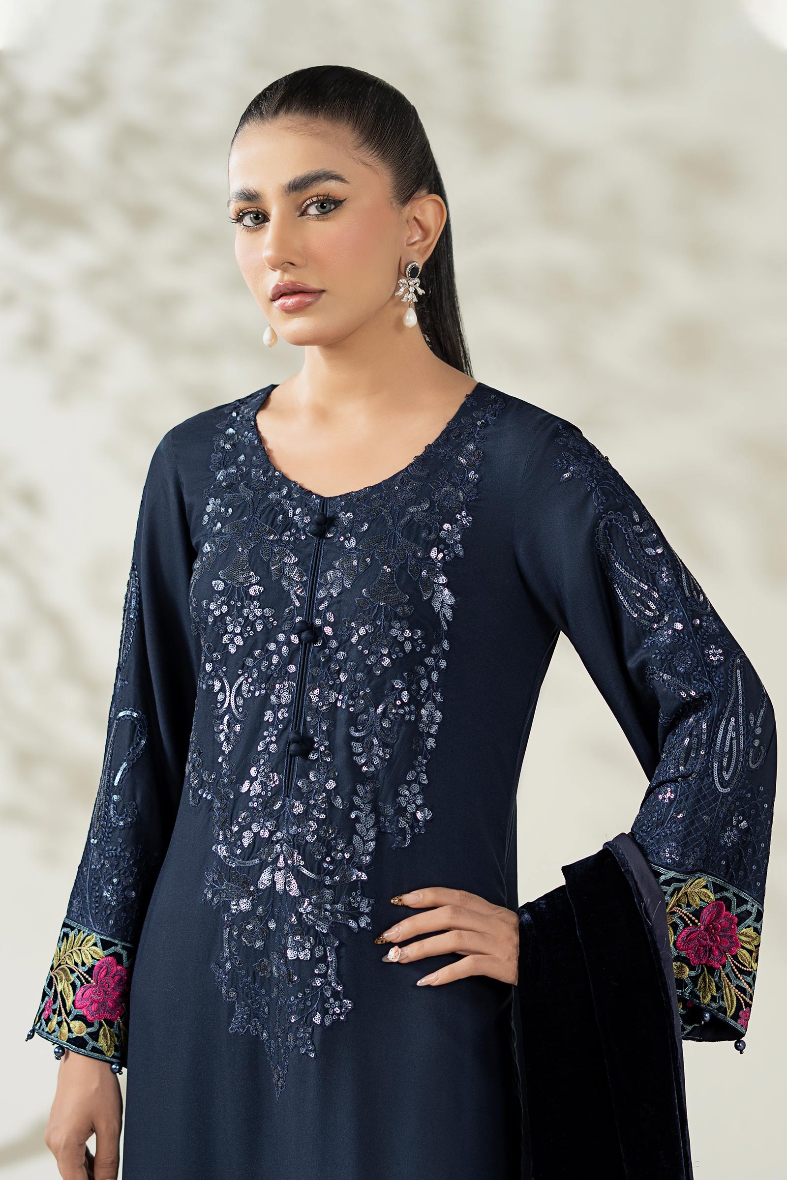 Maria B | Pre Fall Dresses | 3 Piece Embroidered Linen Suit VV - by Libasekhas UK - Registered Vendor of : Maria B - 100% Original Designer Dress