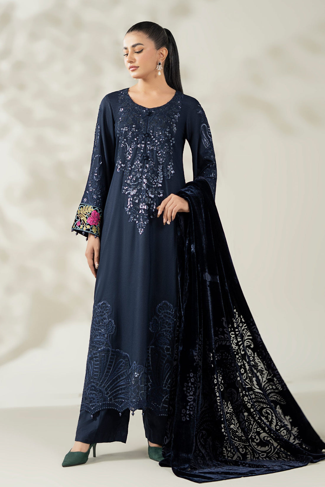 Maria B | Pre Fall Dresses | 3 Piece Embroidered Linen Suit VV - by Libasekhas UK - Registered Vendor of : Maria B - 100% Original Designer Dress