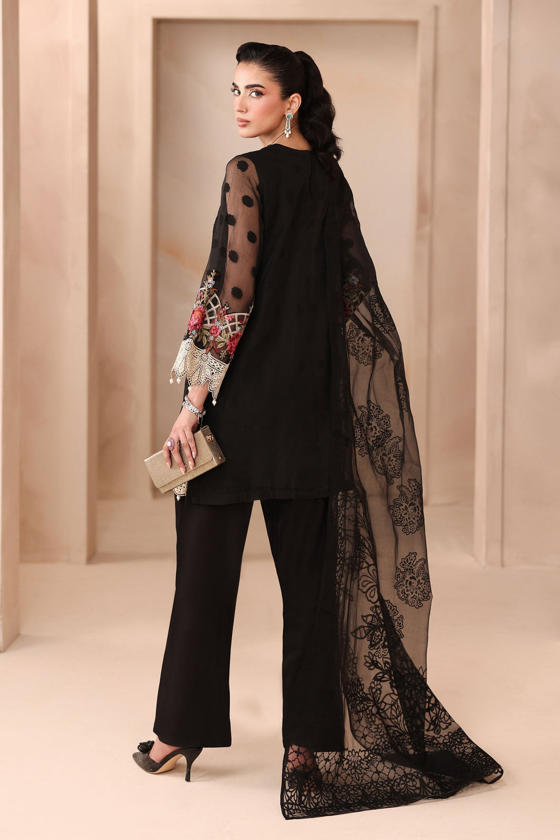 Maria B | Pre Fall Dresses | 3 Piece Embroidered Organza Jacquard Suit Black - by Libasekhas UK - Registered Vendor of : Maria B - 100% Original Designer Dress