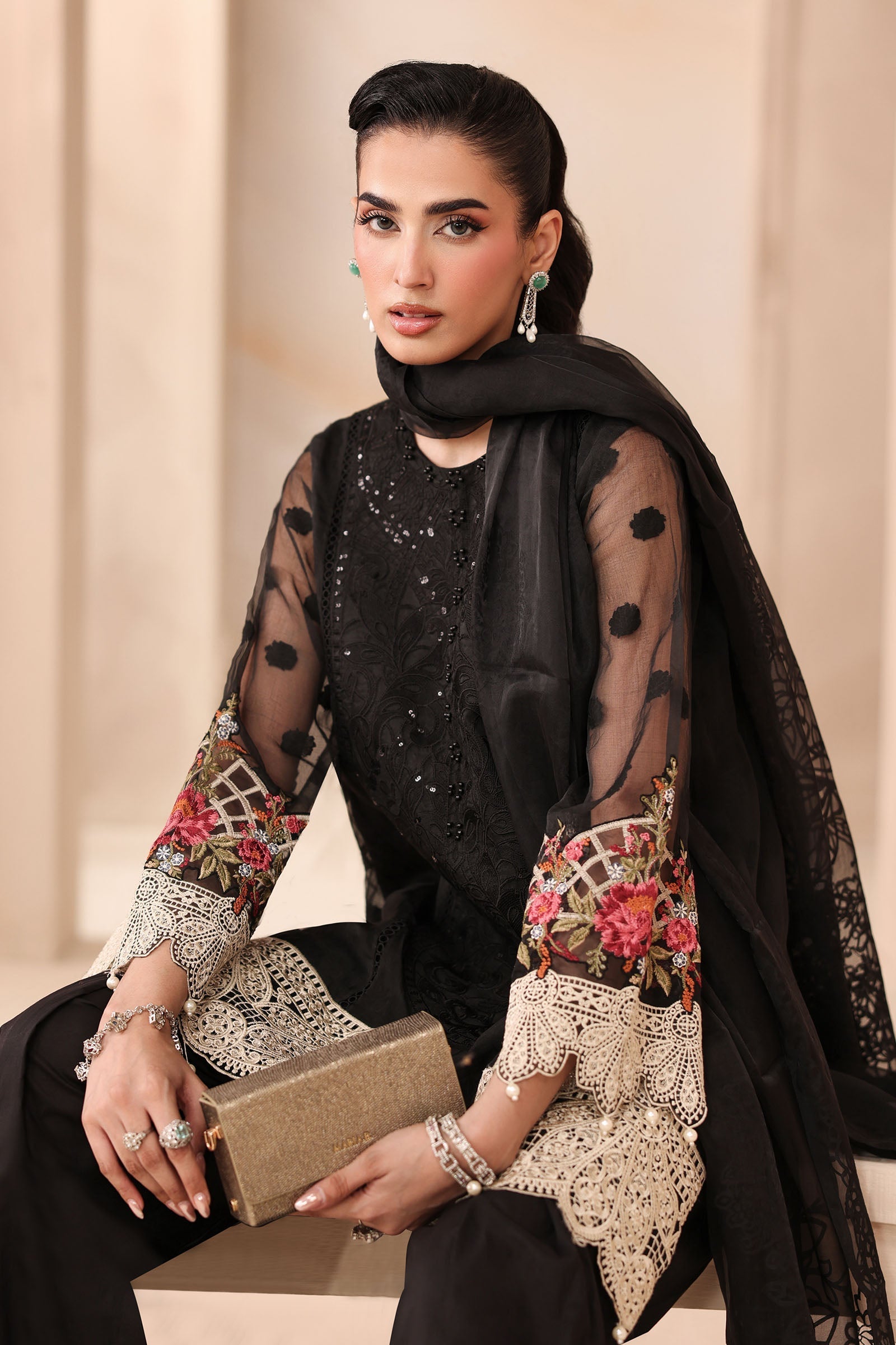 Maria B | Pre Fall Dresses | 3 Piece Embroidered Organza Jacquard Suit Black - by Libasekhas UK - Registered Vendor of : Maria B - 100% Original Designer Dress