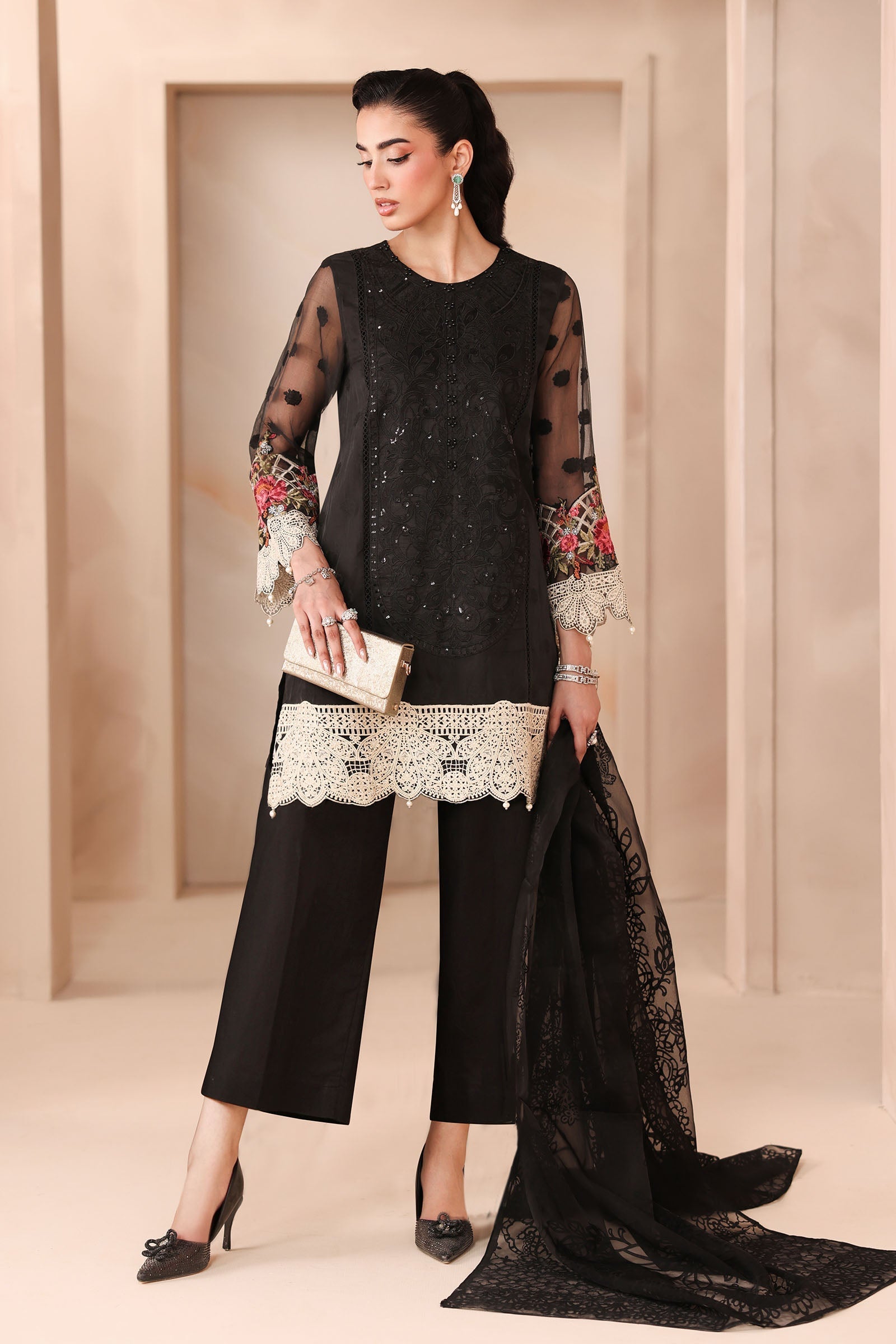 Maria B | Pre Fall Dresses | 3 Piece Embroidered Organza Jacquard Suit Black - by Libasekhas UK - Registered Vendor of : Maria B - 100% Original Designer Dress