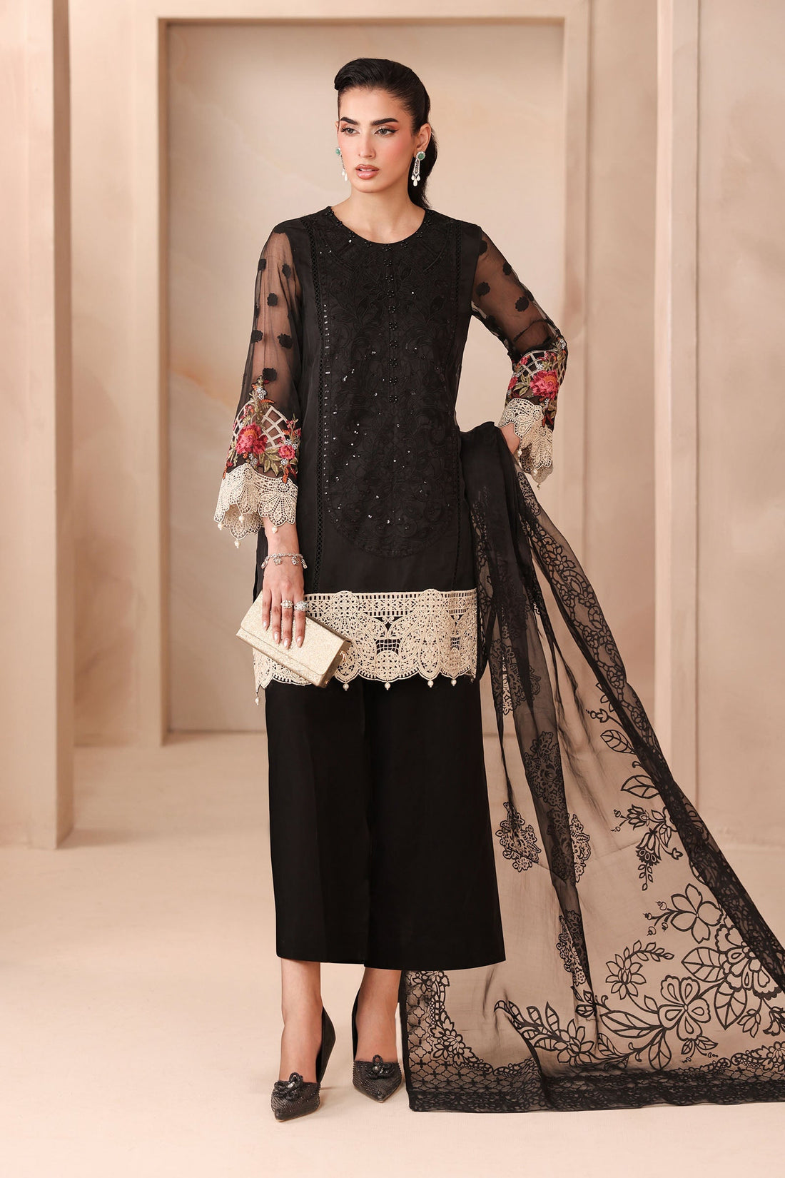 Maria B | Pre Fall Dresses | 3 Piece Embroidered Organza Jacquard Suit Black - by Libasekhas UK - Registered Vendor of : Maria B - 100% Original Designer Dress
