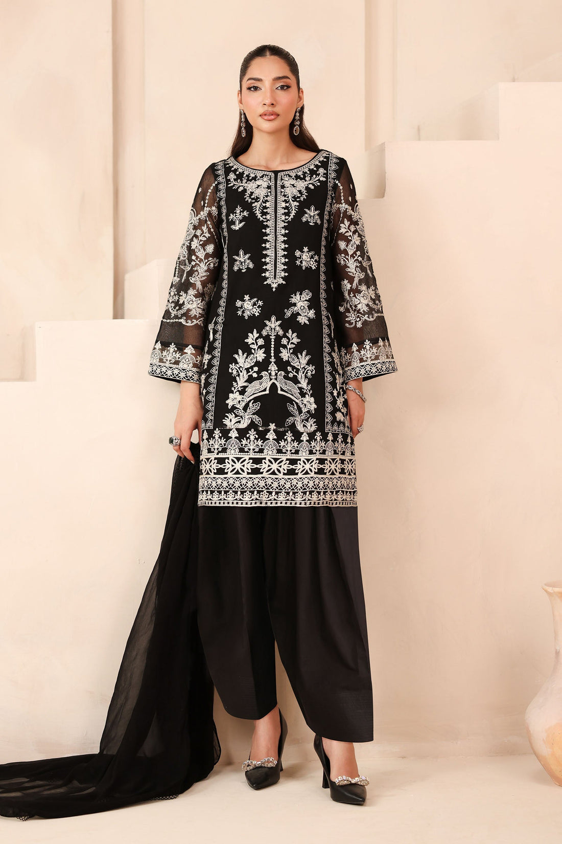 Maria B | Pre Fall Dresses | 3 Piece Embroidered Cotton Net Suit Black - by Libasekhas UK - Registered Vendor of : Maria B - 100% Original Designer Dress