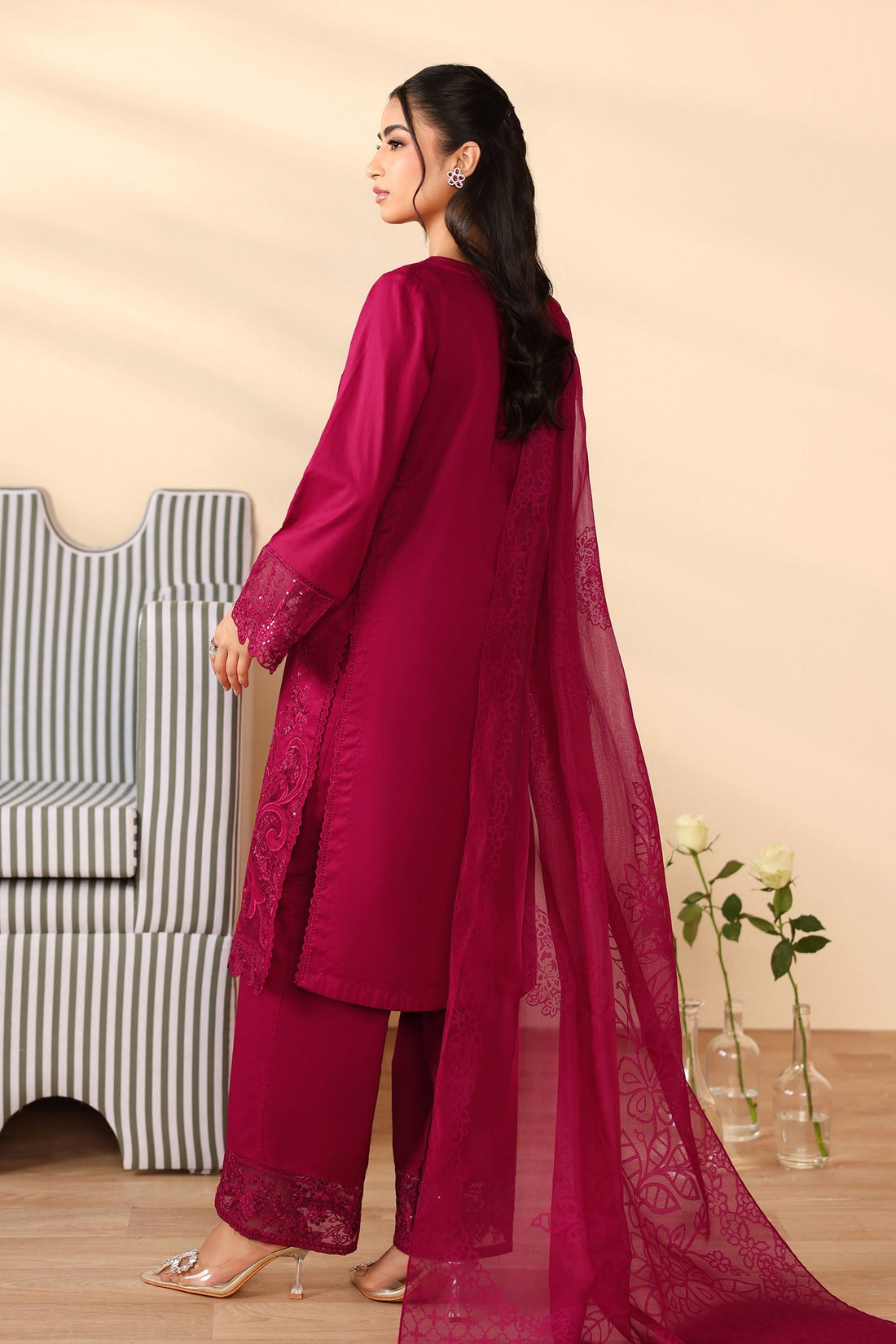 Maria B | Pre Fall Dresses | 3 Piece Embroidered Dobby Suit Maroon - by Libasekhas UK - Registered Vendor of : Maria B - 100% Original Designer Dress