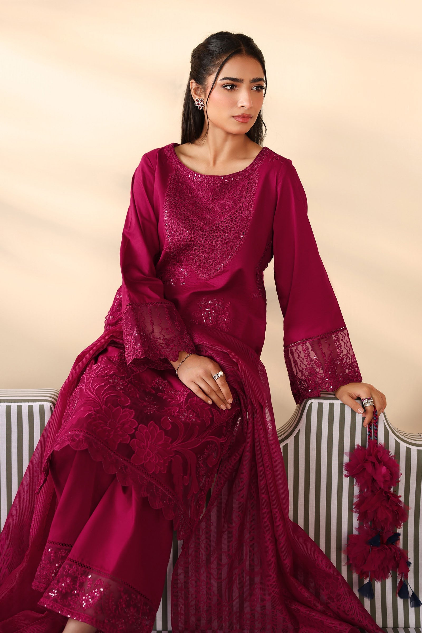 Maria B | Pre Fall Dresses | 3 Piece Embroidered Dobby Suit Maroon - by Libasekhas UK - Registered Vendor of : Maria B - 100% Original Designer Dress