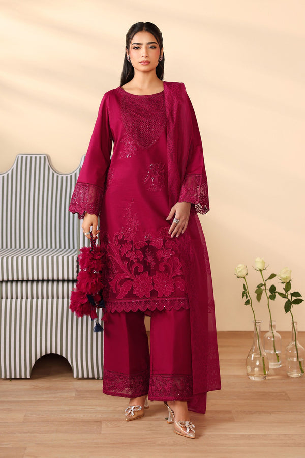 Maria B | Pre Fall Dresses | 3 Piece Embroidered Dobby Suit Maroon - by Libasekhas UK - Registered Vendor of : Maria B - 100% Original Designer Dress