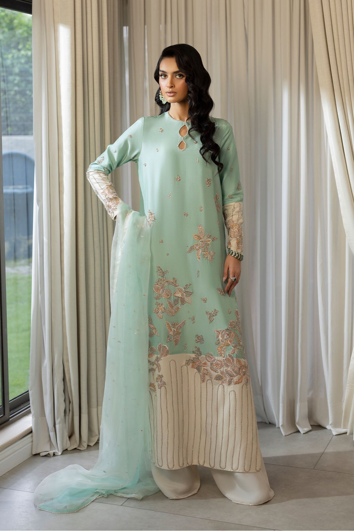 Erum Khan | Elan Formals | Mint Bloom - by Libasekhas UK - Registered Vendor of : Erum Khan - 100% Original Designer Dress