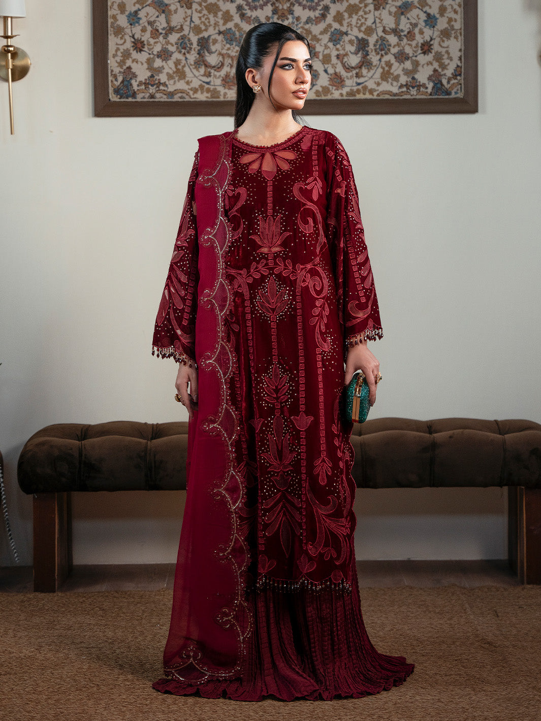 Faiza Faisal | Solene Luxury Velvets | ROUGE - by Libasekhas UK - Registered Vendor of : Faiza Faisal - 100% Original Designer Dress