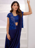 Farah Talib Aziz | Zaza Luxe Pret 24 | OCEAN NAVY DRAPED SAREE WITH CUTWORK EMBELLISHED CAPE - Libasekhas