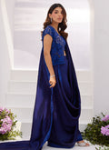 Farah Talib Aziz | Zaza Luxe Pret 24 | OCEAN NAVY DRAPED SAREE WITH CUTWORK EMBELLISHED CAPE - Libasekhas