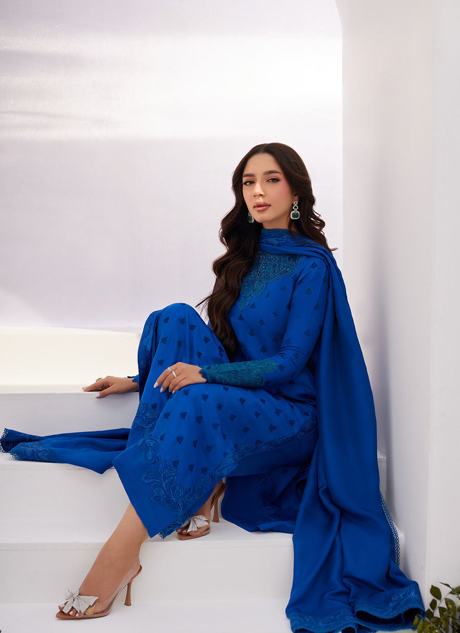 Farah Talib Aziz | Zaza Luxe Pret 24 | CHARR BLUE EMBROIDERED RAW SILK SHIRT AND DUPATTA - by - Libasekhas UK - Registered Vendor of : Farah Talib Aziz - 100% Original Designer Dresss