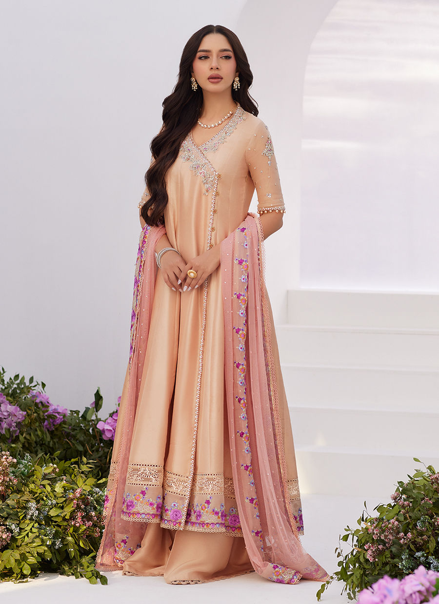 Farah Talib Aziz | Zaza Luxe Pret 24 | LISETTE FAWN EMBELLISHED RAW SILK ANGARKHA AND DUPATTA - by - Libasekhas UK - Registered Vendor of : Farah Talib Aziz - 100% Original Designer Dresss