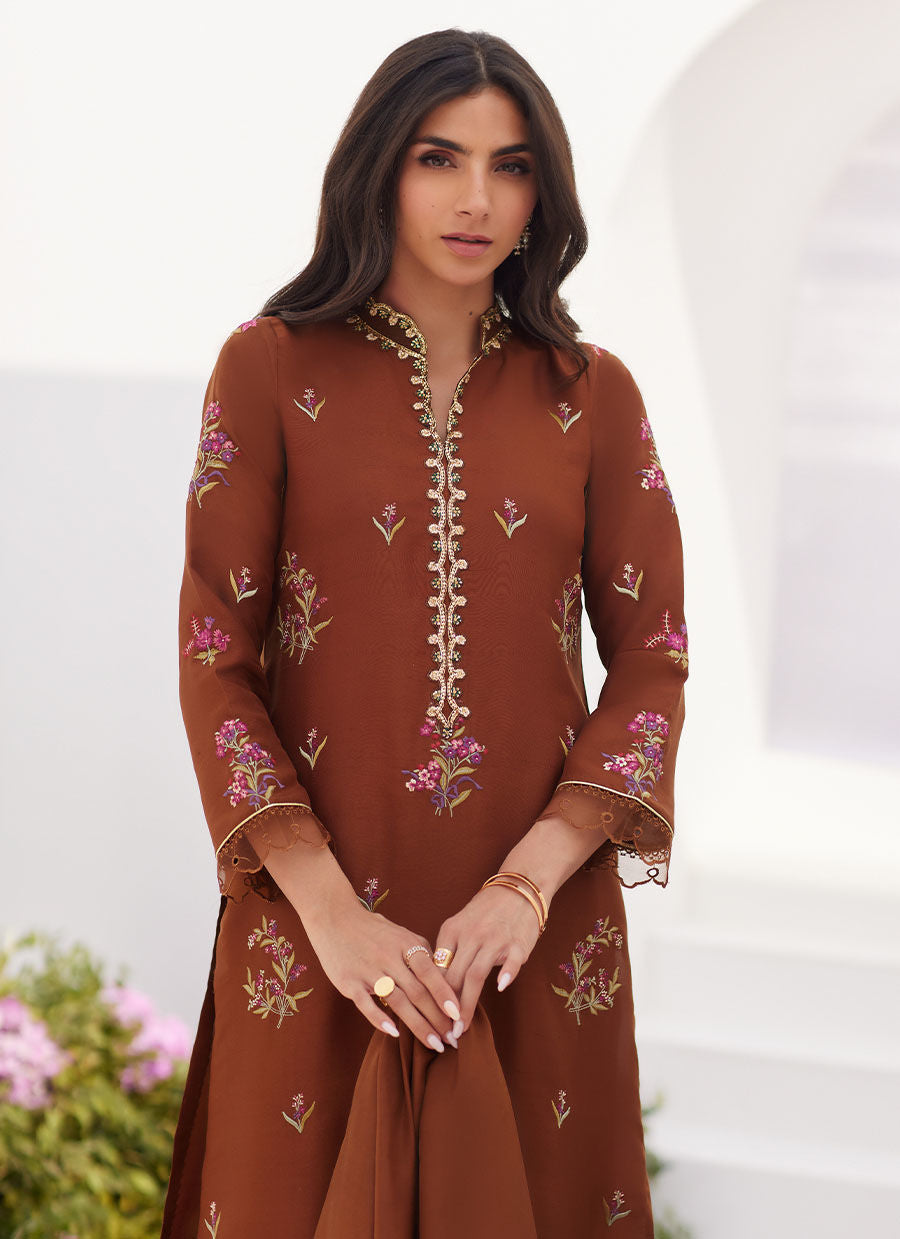 Farah Talib Aziz | Zaza Luxe Pret 24 | NOEMIE CHOCOLATE EMBROIDERED RAW SILK SHIRT AND DUPATTA - by - Libasekhas UK - Registered Vendor of : Farah Talib Aziz - 100% Original Designer Dresss