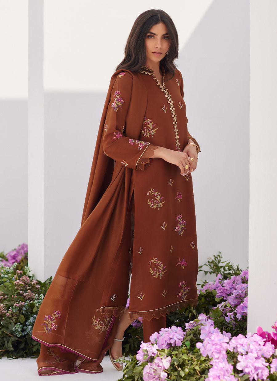 Farah Talib Aziz | Zaza Luxe Pret 24 | NOEMIE CHOCOLATE EMBROIDERED RAW SILK SHIRT AND DUPATTA - by - Libasekhas UK - Registered Vendor of : Farah Talib Aziz - 100% Original Designer Dresss