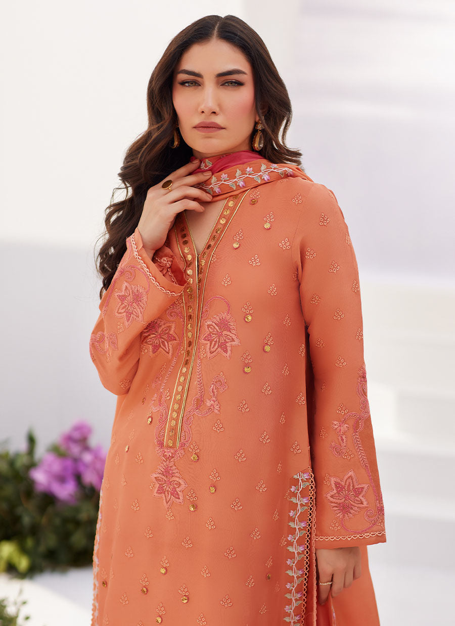 Farah Talib Aziz | Zaza Luxe Pret 24 | ELYNA CORAL EMBROIDERED RAW SILK SHIRT AND DUPATTA - Libasekhas
