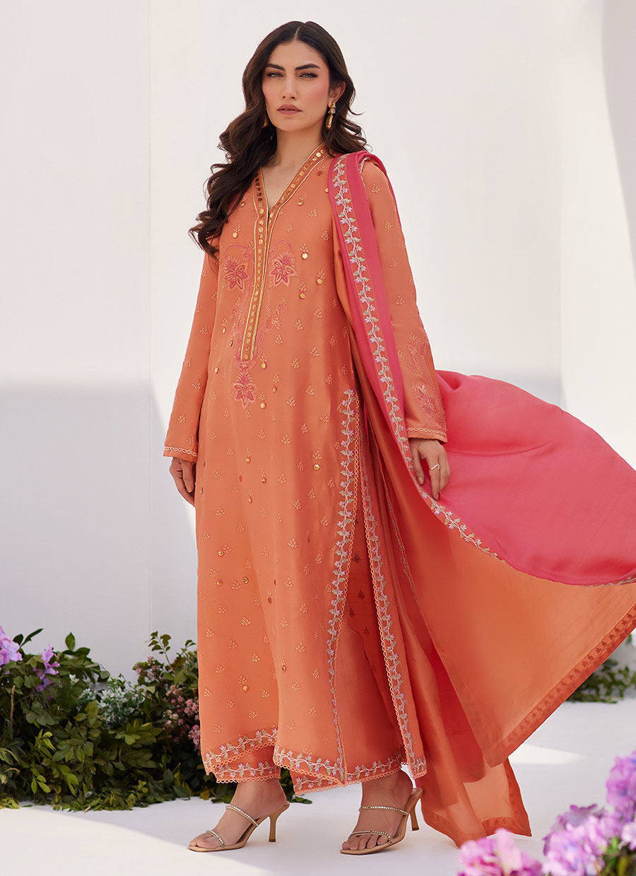 Farah Talib Aziz | Zaza Luxe Pret 24 | ELYNA CORAL EMBROIDERED RAW SILK SHIRT AND DUPATTA - Libasekhas