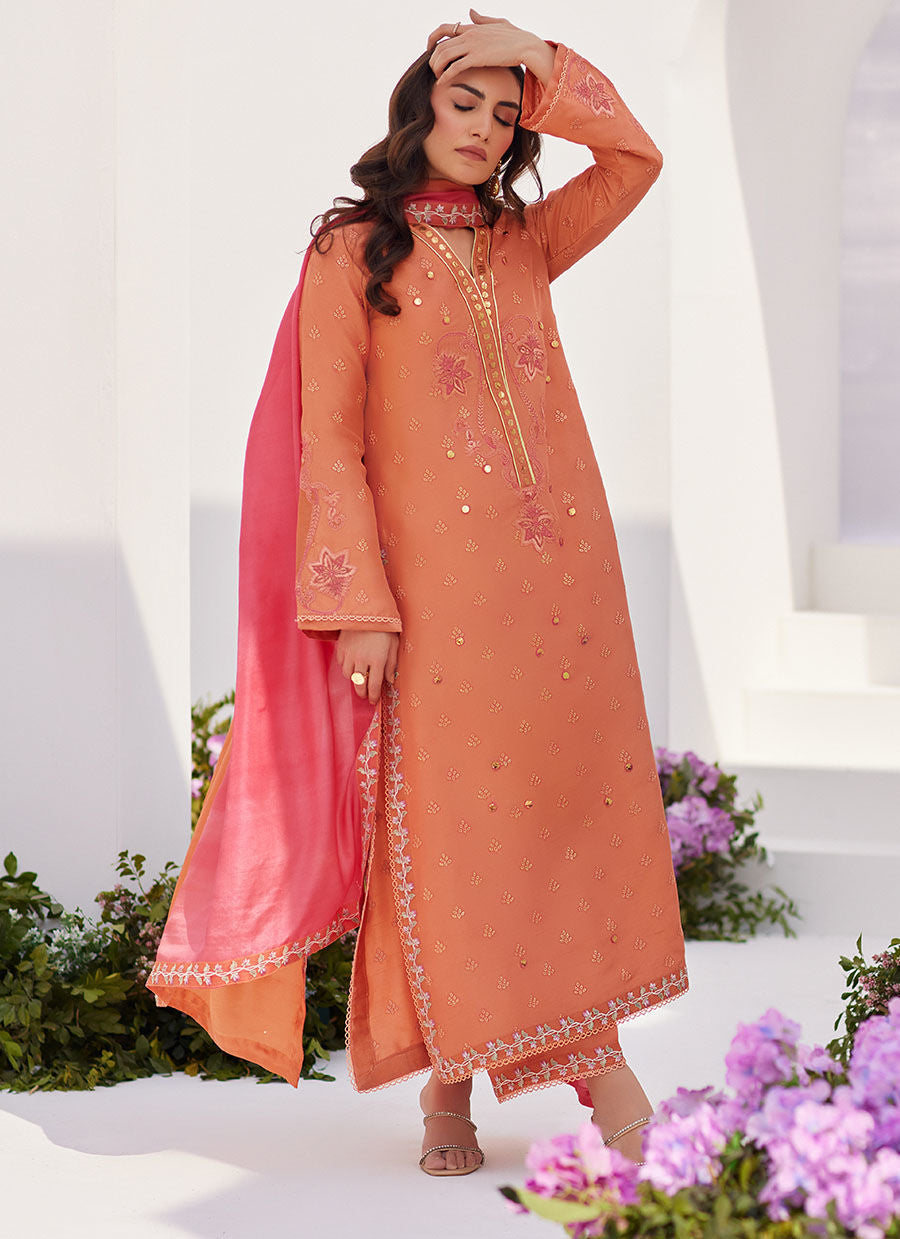 Farah Talib Aziz | Zaza Luxe Pret 24 | ELYNA CORAL EMBROIDERED RAW SILK SHIRT AND DUPATTA - Libasekhas