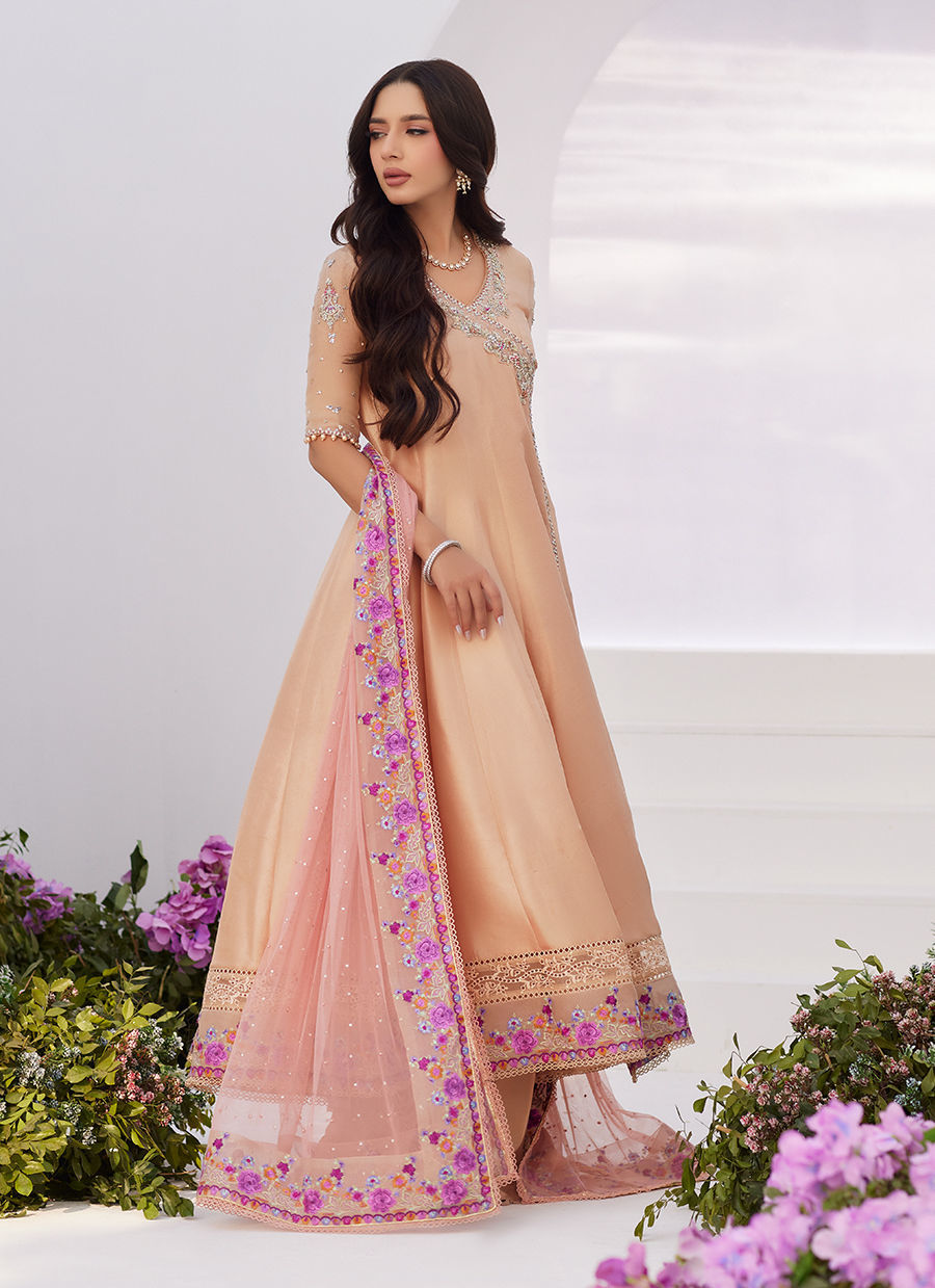 Farah Talib Aziz | Zaza Luxe Pret 24 | LISETTE FAWN EMBELLISHED RAW SILK ANGARKHA AND DUPATTA - by - Libasekhas UK - Registered Vendor of : Farah Talib Aziz - 100% Original Designer Dresss