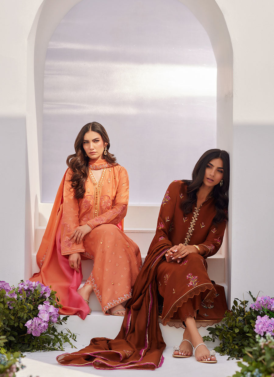 Farah Talib Aziz | Zaza Luxe Pret 24 | ELYNA CORAL EMBROIDERED RAW SILK SHIRT AND DUPATTA - Libasekhas