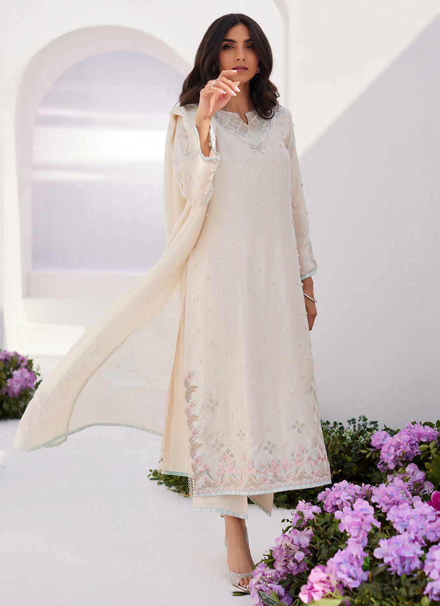 Farah Talib Aziz | Zaza Luxe Pret 24 | LYA IVORY EMBELLISHED RAW SILK SHIRT AND DUPATTA - by - Libasekhas UK - Registered Vendor of : Farah Talib Aziz - 100% Original Designer Dresss