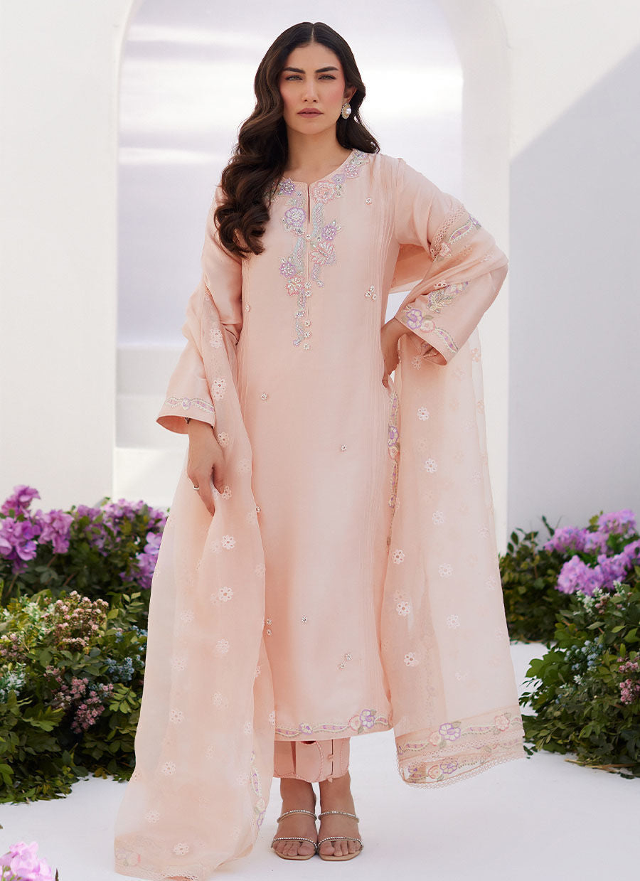 Farah Talib Aziz | Zaza Luxe Pret 24 | ELEA PEACH EMBROIDERED RAW SILK SHIRT AND DUPATTA - by - Libasekhas UK - Registered Vendor of : Farah Talib Aziz - 100% Original Designer Dresss