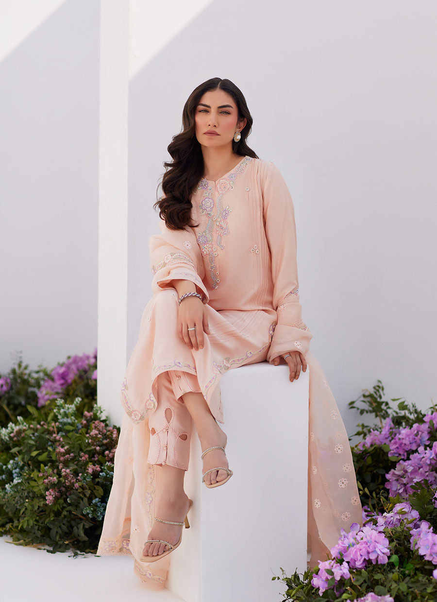 Farah Talib Aziz | Zaza Luxe Pret 24 | ELEA PEACH EMBROIDERED RAW SILK SHIRT AND DUPATTA - by - Libasekhas UK - Registered Vendor of : Farah Talib Aziz - 100% Original Designer Dresss