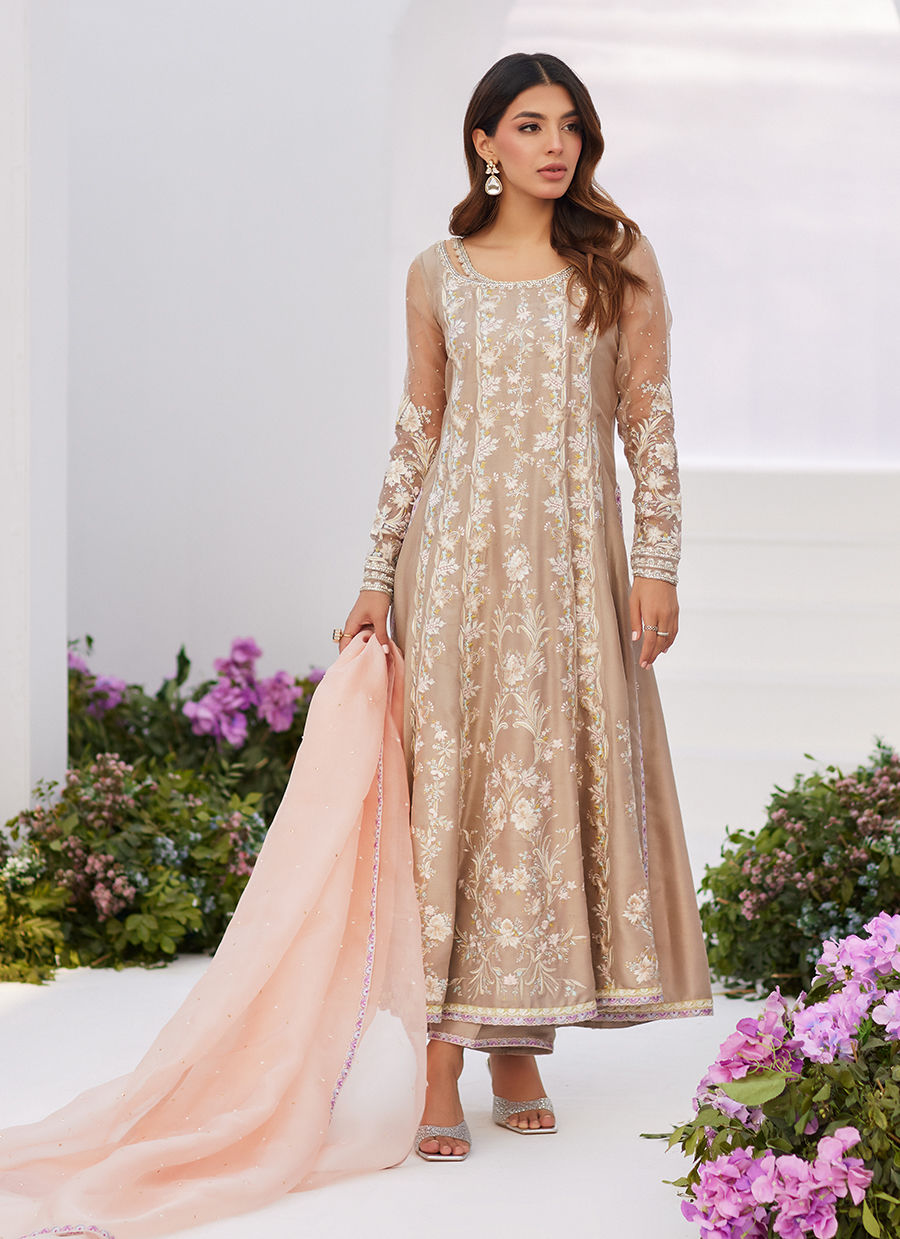 Farah Talib Aziz | Zaza Luxe Pret 24 | CHARLENE SAND EMBROIDERED KALIDAAR WITH DUPATTA - by - Libasekhas UK - Registered Vendor of : Farah Talib Aziz - 100% Original Designer Dresss