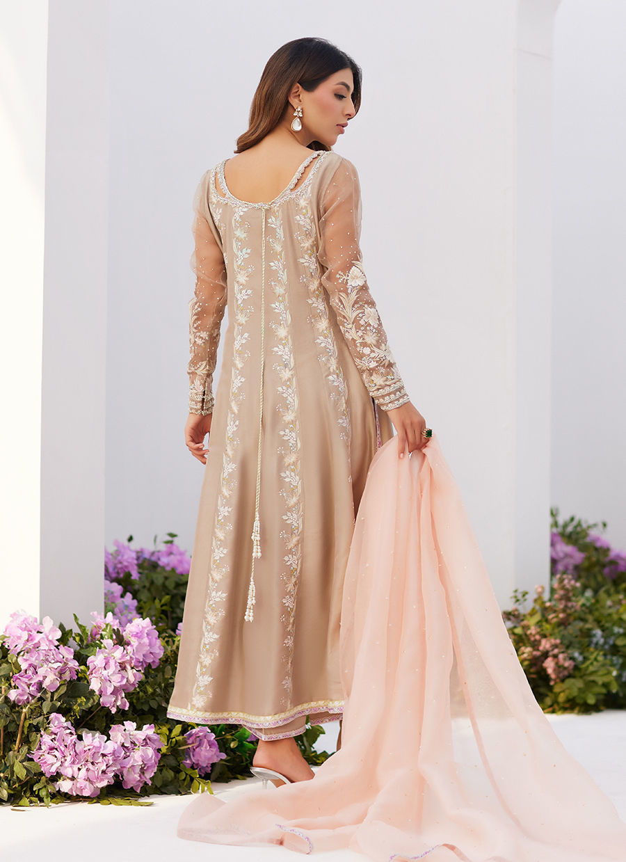 Farah Talib Aziz | Zaza Luxe Pret 24 | CHARLENE SAND EMBROIDERED KALIDAAR WITH DUPATTA - by - Libasekhas UK - Registered Vendor of : Farah Talib Aziz - 100% Original Designer Dresss