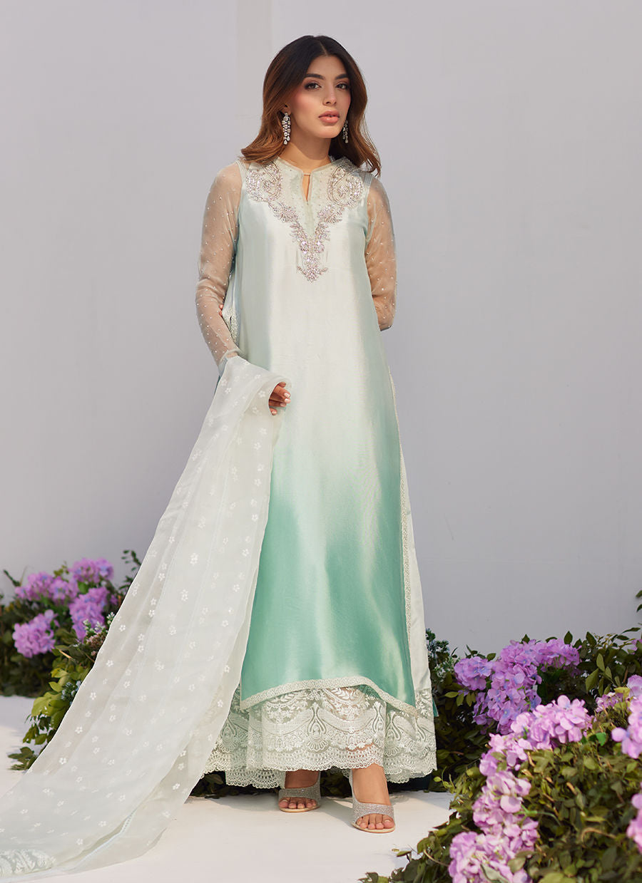 Farah Talib Aziz | Zaza Luxe Pret 24 | SOLENE AQUA OMBRE EMBELLISHED COLUMN SHIRT WITH EMBROIDERED KALIDAAR SLIP - Libasekhas