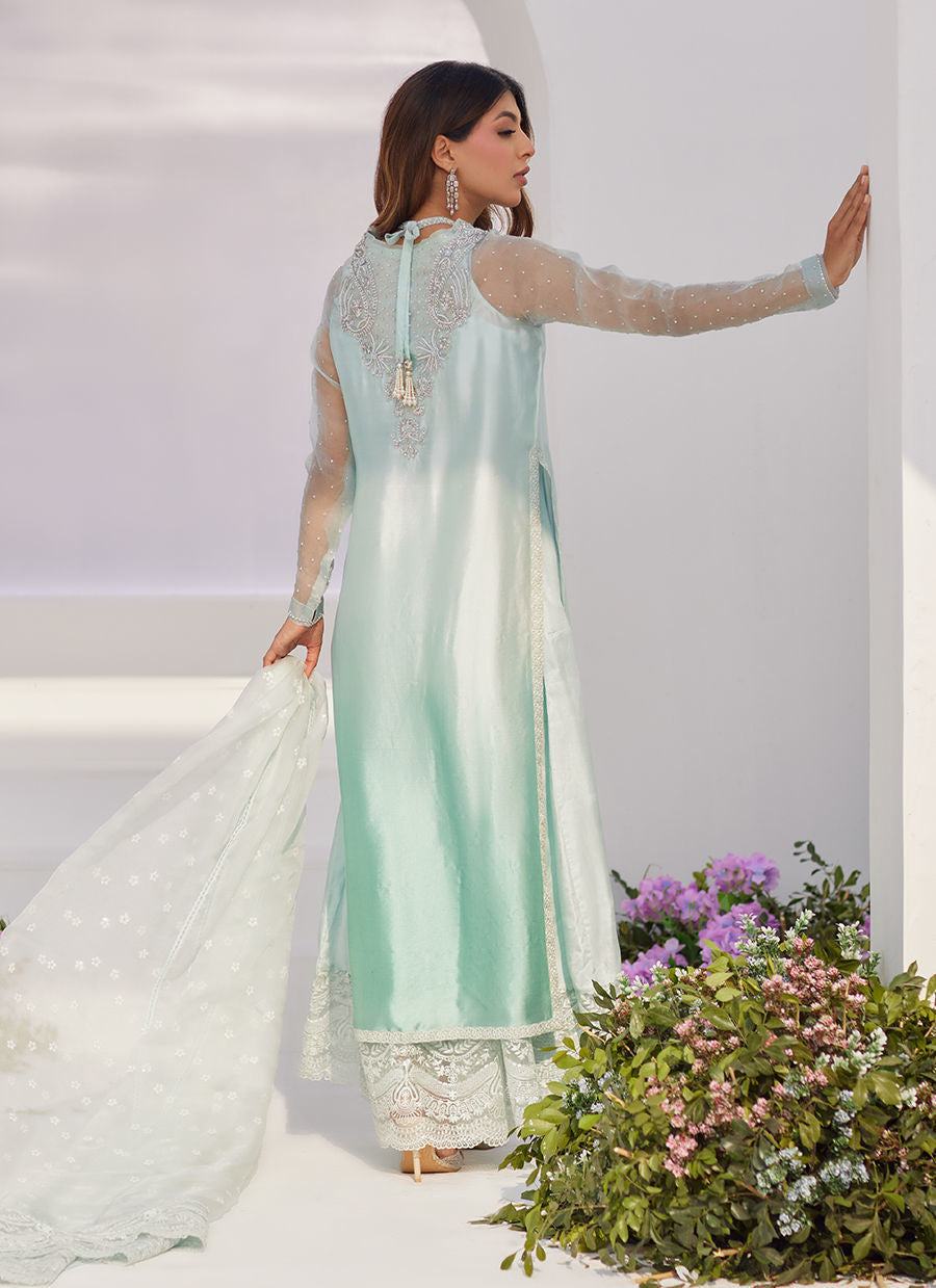 Farah Talib Aziz | Zaza Luxe Pret 24 | SOLENE AQUA OMBRE EMBELLISHED COLUMN SHIRT WITH EMBROIDERED KALIDAAR SLIP - Libasekhas