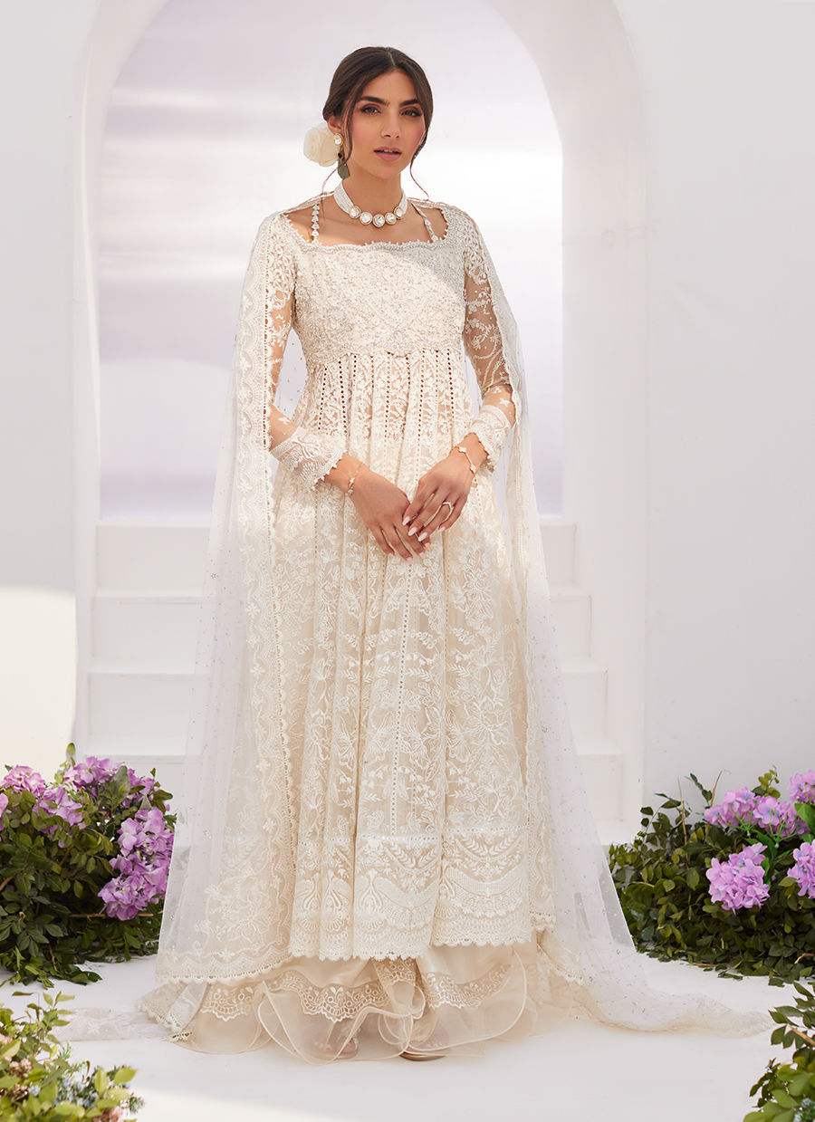 Farah Talib Aziz | Zaza Luxe Pret 24 | MAELLE IVORY EMBROIDERED AND EMBELLISHED KALIDAAR - by - Libasekhas UK - Registered Vendor of : Farah Talib Aziz - 100% Original Designer Dresss