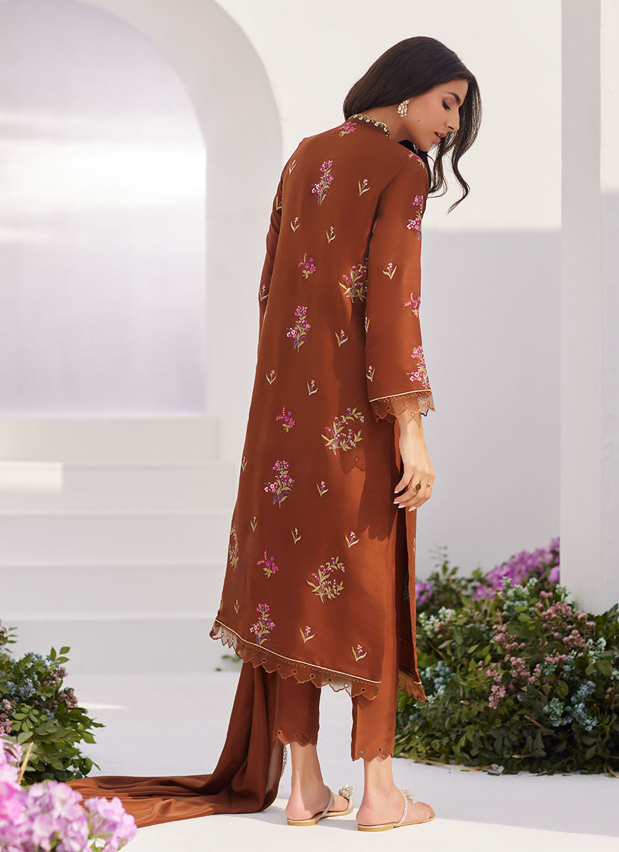 Farah Talib Aziz | Zaza Luxe Pret 24 | NOEMIE CHOCOLATE EMBROIDERED RAW SILK SHIRT AND DUPATTA - Libasekhas