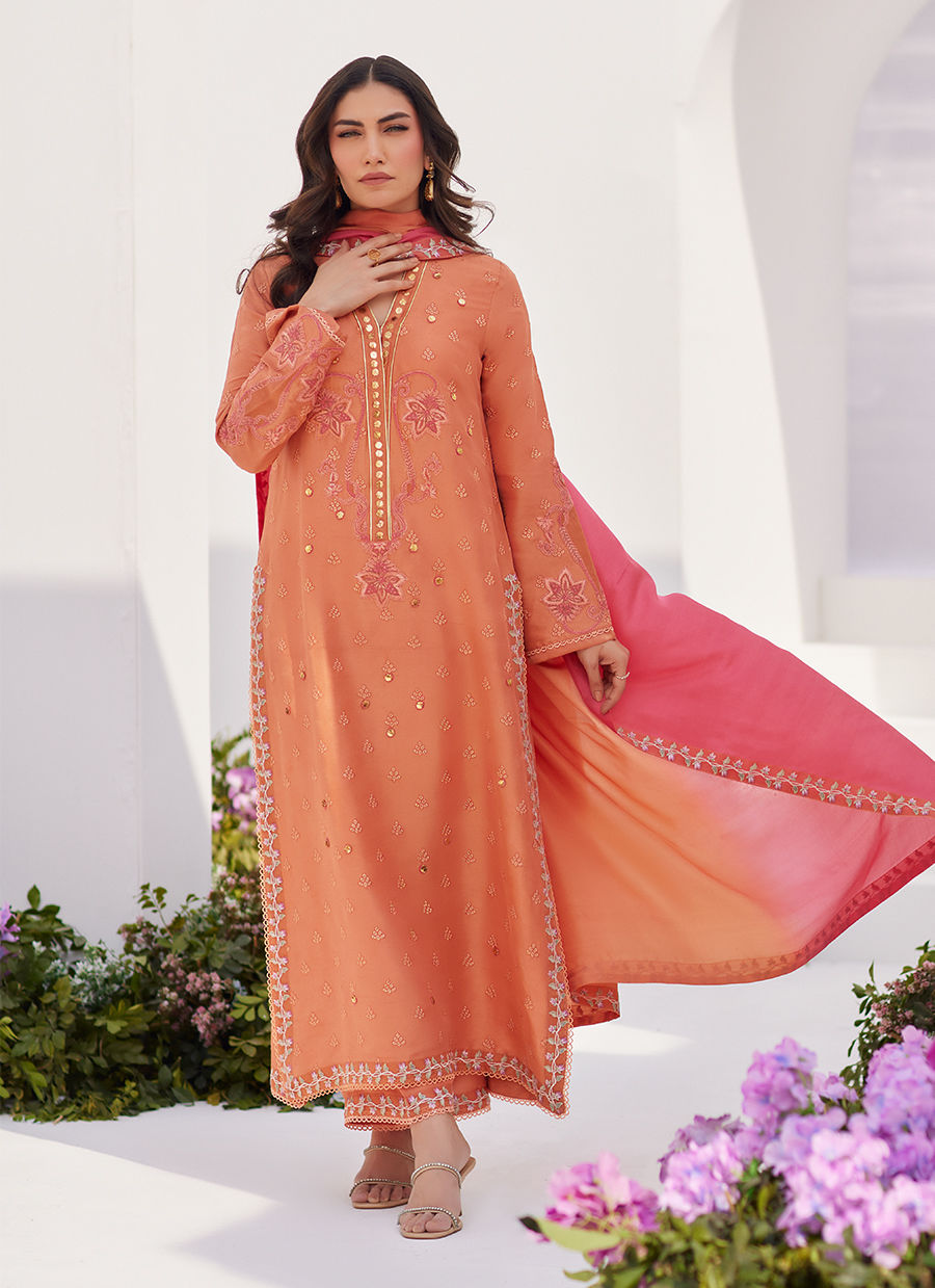 Farah Talib Aziz | Zaza Luxe Pret 24 | ELYNA CORAL EMBROIDERED RAW SILK SHIRT AND DUPATTA - Libasekhas