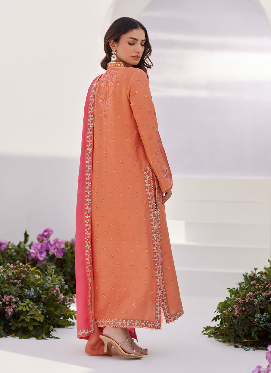 Farah Talib Aziz | Zaza Luxe Pret 24 | ELYNA CORAL EMBROIDERED RAW SILK SHIRT AND DUPATTA - Libasekhas