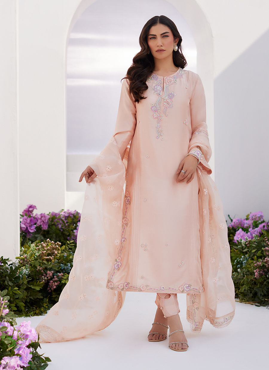 Farah Talib Aziz | Zaza Luxe Pret 24 | ELEA PEACH EMBROIDERED RAW SILK SHIRT AND DUPATTA - by - Libasekhas UK - Registered Vendor of : Farah Talib Aziz - 100% Original Designer Dresss