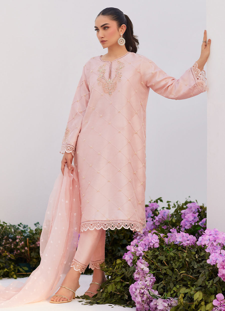 Farah Talib Aziz | Zaza Luxe Pret 24 | BEBE BLUSH PINK EMBELLISHED RAW SILK KURTA SHIRT AND DUPATTA - Libasekhas