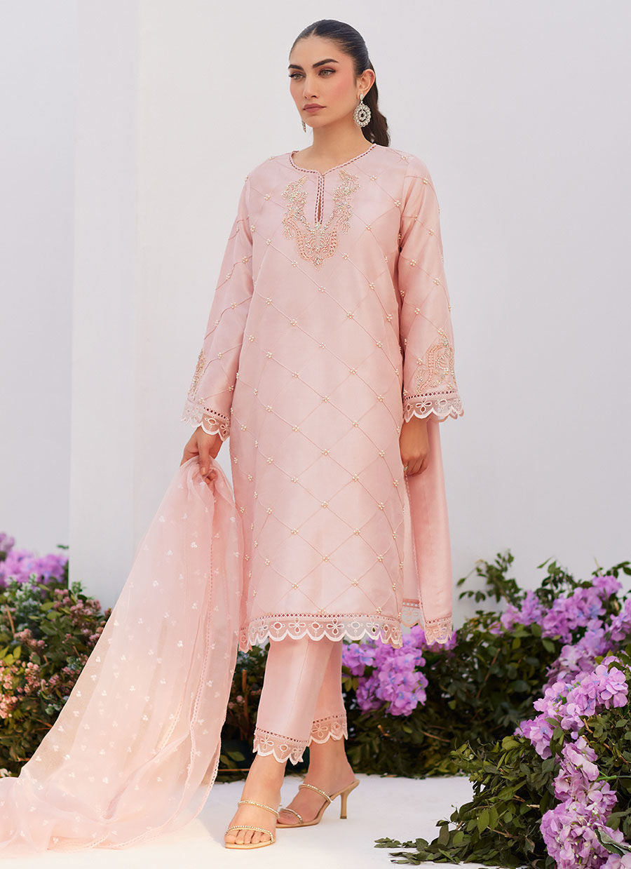 Farah Talib Aziz | Zaza Luxe Pret 24 | BEBE BLUSH PINK EMBELLISHED RAW SILK KURTA SHIRT AND DUPATTA - Libasekhas