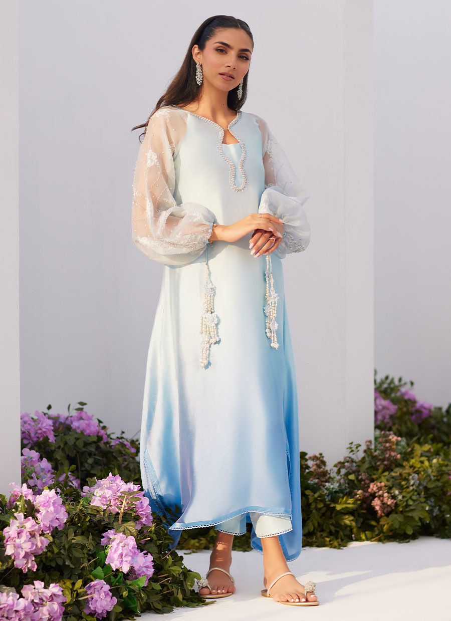 Farah Talib Aziz | Zaza Luxe Pret 24 | BOW OMBRE BLUE EMBELLISHED KAFTAN CUT SHIRT - by - Libasekhas UK - Registered Vendor of : Farah Talib Aziz - 100% Original Designer Dresss