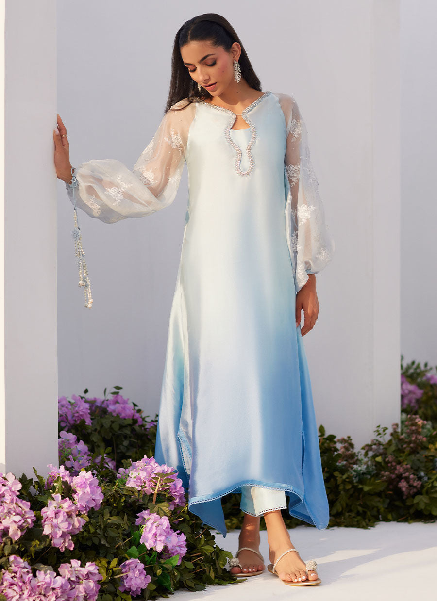 Farah Talib Aziz | Zaza Luxe Pret 24 | BOW OMBRE BLUE EMBELLISHED KAFTAN CUT SHIRT - by - Libasekhas UK - Registered Vendor of : Farah Talib Aziz - 100% Original Designer Dresss