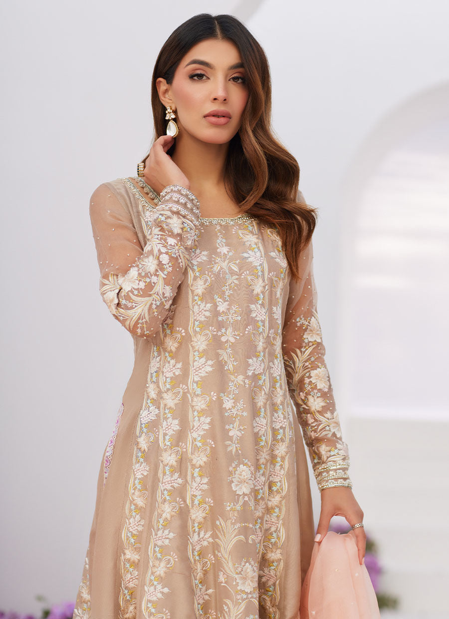 Farah Talib Aziz | Zaza Luxe Pret 24 | CHARLENE SAND EMBROIDERED KALIDAAR WITH DUPATTA - by - Libasekhas UK - Registered Vendor of : Farah Talib Aziz - 100% Original Designer Dresss